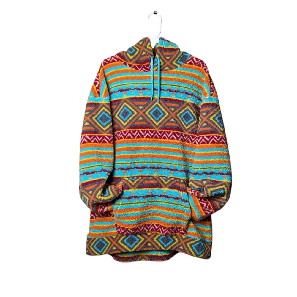 RF Aztec Bright Colorful Geometric Pattern Hoodie Drawstring Turquoise Like New